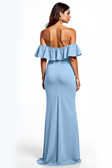 Dusty Blue Mermaid Ruffle Off the Shoulder Long Wedding Guest Dress with Slit
